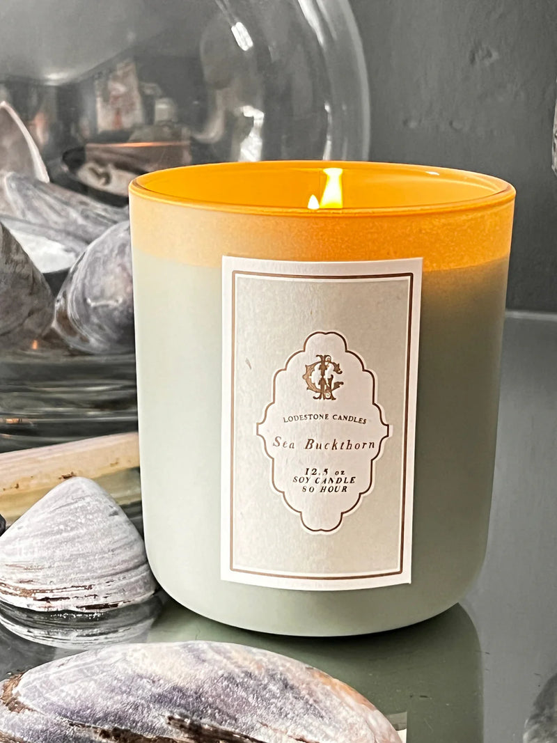 Lodestone Candles | Sea Buckthorn Candle in a glass container with label, offering 80 hours of coastal scent, part of The Botanist Collection.