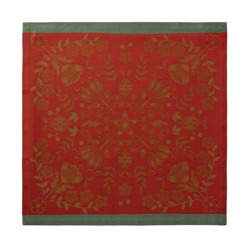 Le Jacquard Francais | Féerie Napkin features a reddish-orange floral motif with a green border, adding festive charm to holiday table settings.
