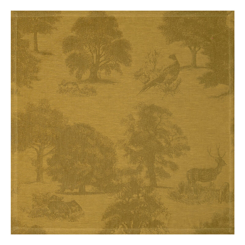 Le Jacquard Francais | Souveraine Napkin, Gold: Decorative fabric with a warm-gold woodland toile design featuring deer, rabbits, and birds, ideal for enhancing table decor.