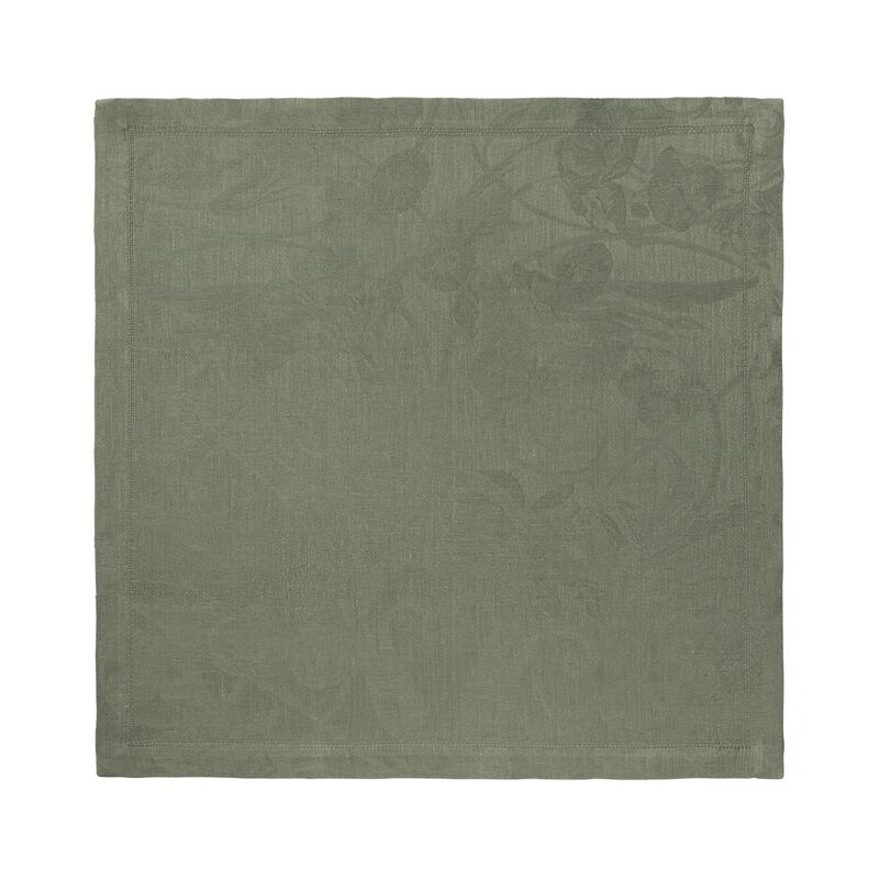 Le Jacquard Francais Tivoli Napkin, Green: Elegant olive-green linen napkin with a subtle woven pattern and mitered corners, perfect for sophisticated dining settings.
