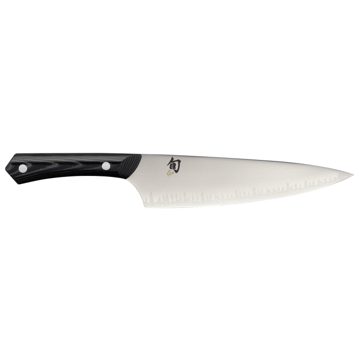 Shun | Narukami 8 Chef's Knife with a slender stainless-steel blade, hammered finish, and dark pakkawood handle, designed for professional performance and balance.