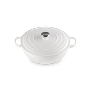 Le Creuset | Signature Chef's Oven: White enameled cast-iron Dutch oven with sloped sides, domed lid, and loop handles, ideal for versatile cooking and easy handling.