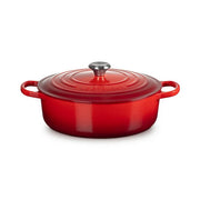 Le Creuset | Signature Round Wide Oven, Cerise, shown with matching lid and handles, ideal for versatile cooking and serving, reflecting Athens Cooks' curated kitchen essentials.