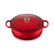 Le Creuset | Signature Round Wide Oven, Cerise with metal knob and side handles, ideal for versatile cooking and serving, showcased by Athens Cooks.