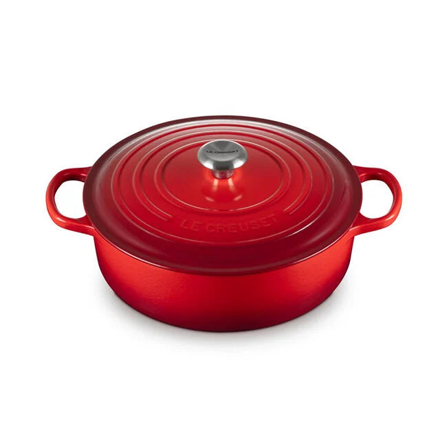 Le Creuset | Signature Round Wide Oven, Cerise with metal knob and side handles, ideal for versatile cooking and serving, showcased by Athens Cooks.