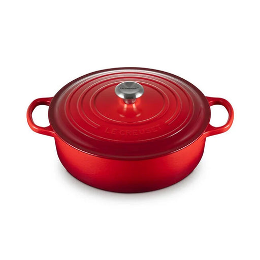 Le Creuset | Signature Round Wide Oven, Cerise with metal knob and side handles, ideal for versatile cooking and serving, showcased by Athens Cooks.