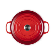 Le Creuset | Signature Round Wide Oven, Cerise, top view with matching lid and handles, ideal for versatile cooking and serving directly from stove to table.