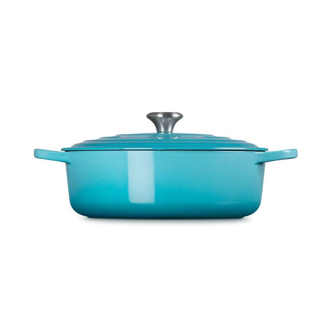 Le Creuset | Signature Round Wide Oven - Caribbean: Turquoise enameled cast-iron pot with lid and handles, ideal for versatile cooking and serving at Athens Cooks.