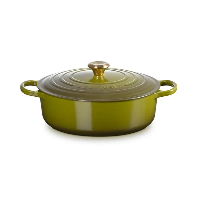 Le Creuset | Signature Round Wide Oven - Olive with side handles and lid, ideal for versatile cooking and serving, featured at Athens Cooks.