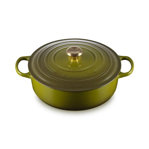 Le Creuset | Signature Round Wide Oven - Olive: A green enameled cast-iron braiser with side handles, perfect for versatile cooking from stove to table.