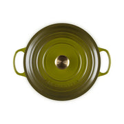 Le Creuset | Signature Round Wide Oven - Olive with embossed lid, ideal for versatile cooking from stove to table, showcased at Athens Cooks kitchen store.