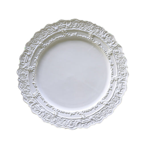 Arte Italica & Crown Linen Designs | Renaissance Dinner Plate featuring a raised-relief ornate border, reflecting Renaissance elegance and craftsmanship, handmade in Italy, perfect for elegant dining settings.