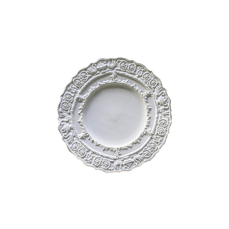 Arte Italica & Crown Linen Designs Renaissance Bread/Canapé Plate features ornate scrollwork and floral motifs, showcasing Renaissance elegance and craftsmanship, ideal for sophisticated table settings.