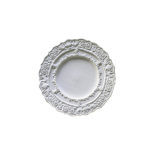 Arte Italica & Crown Linen Designs Renaissance Bread/Canapé Plate features ornate scrollwork and floral motifs, showcasing Renaissance elegance and craftsmanship, ideal for sophisticated table settings.