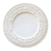 Arte Italica & Crown Linen Designs Renaissance Charger in white, featuring intricate embossed lace-like patterns around the rim, reflecting Renaissance elegance; 13-inch diameter.