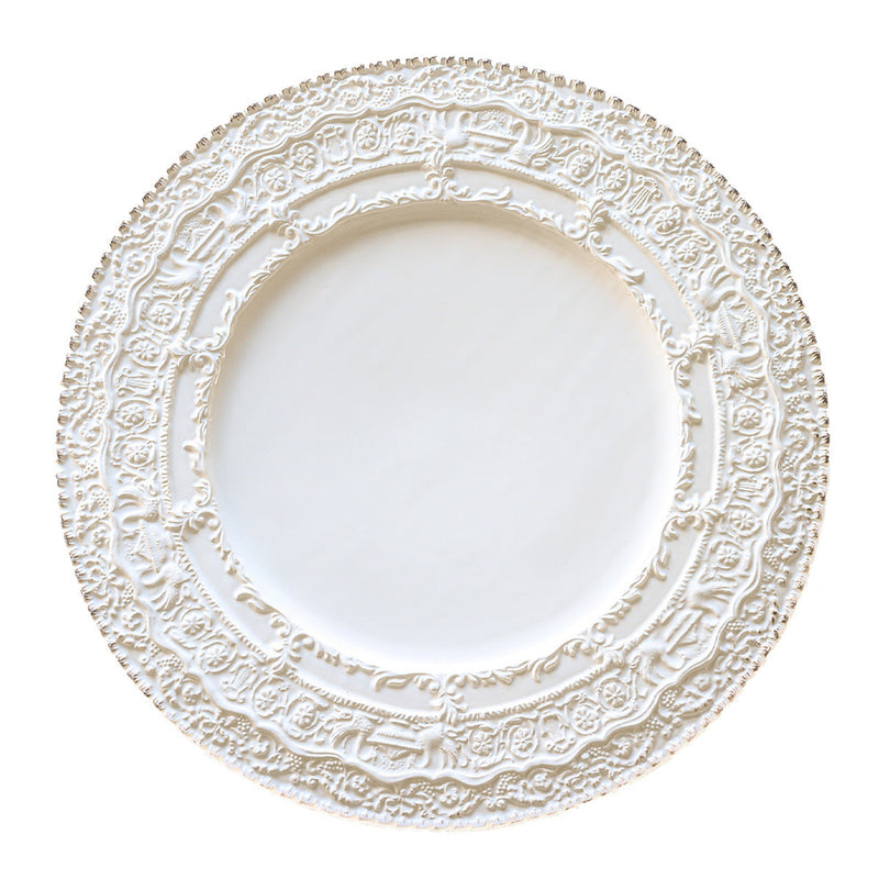 Arte Italica & Crown Linen Designs Renaissance Charger in white, featuring intricate embossed lace-like patterns around the rim, reflecting Renaissance elegance; 13-inch diameter.