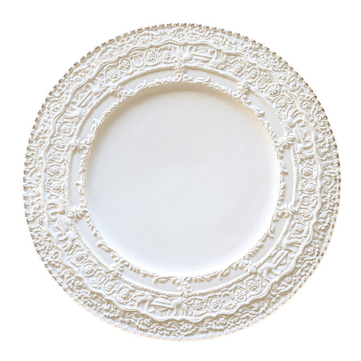 Arte Italica & Crown Linen Designs Renaissance Charger in white, featuring intricate embossed lace-like patterns around the rim, reflecting Renaissance elegance; 13-inch diameter.