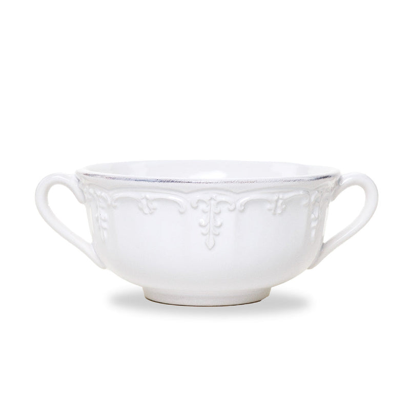 Arte Italica & Crown Linen Designs | Renaissance Soup Bowl - White: A two-handled, ornate white ceramic bowl with raised scrollwork, 15 oz capacity, embodying Renaissance elegance.