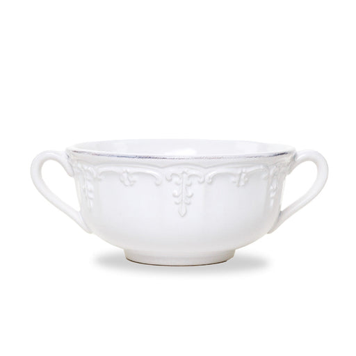 Arte Italica & Crown Linen Designs | Renaissance Soup Bowl - White: A two-handled, ornate white ceramic bowl with raised scrollwork, 15 oz capacity, embodying Renaissance elegance.