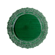 Arte Italica & Crown Linen Designs Renaissance Dinner Plate - Green; ornate emerald-green ceramic with scrolling foliage and floral motifs, scalloped edge; handmade in Italy, 11.25-inch diameter.