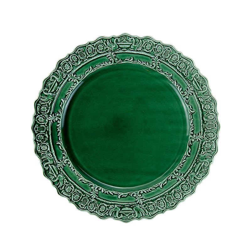 Arte Italica & Crown Linen Designs Renaissance Dinner Plate - Green; ornate emerald-green ceramic with scrolling foliage and floral motifs, scalloped edge; handmade in Italy, 11.25-inch diameter.