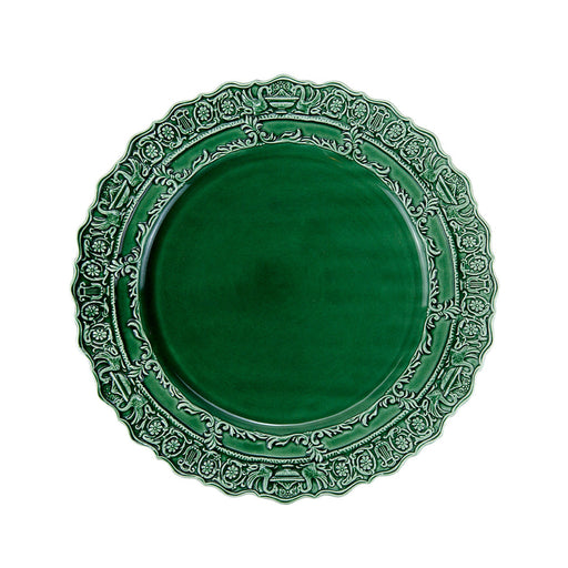 Arte Italica & Crown Linen Designs Renaissance Dinner Plate - Green; ornate emerald-green ceramic with scrolling foliage and floral motifs, scalloped edge; handmade in Italy, 11.25-inch diameter.