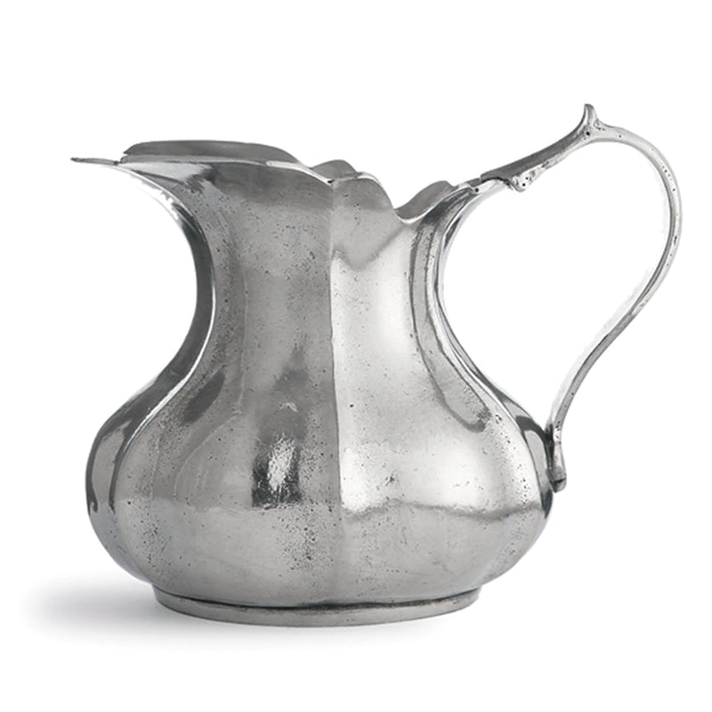 Arte Italica & Crown Linen Designs | Vintage Small Scalloped Pitcher, handcrafted Italian pewter, bulbous body, spout, handle; ideal for serving cream or milk.