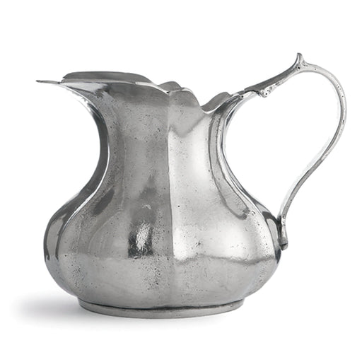 Arte Italica & Crown Linen Designs | Vintage Small Scalloped Pitcher, handcrafted Italian pewter, bulbous body, spout, handle; ideal for serving cream or milk.