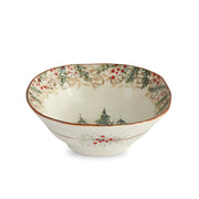 Arte Italica & Crown Linen Designs Natale Cereal Bowl features hand-painted evergreen trees and holiday motifs, perfect for festive gatherings and winter decor, handmade in Tuscany.