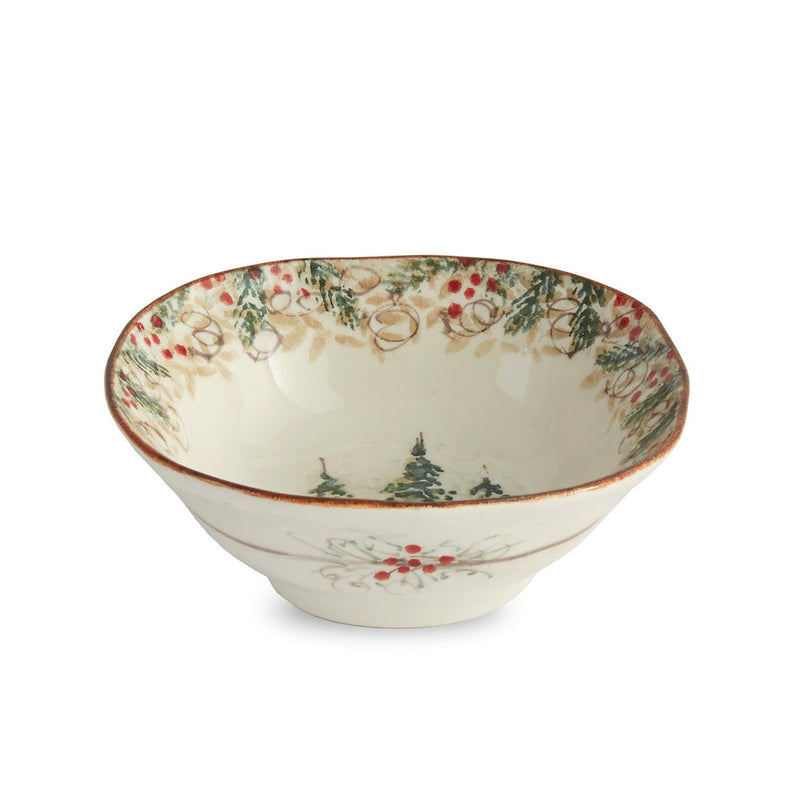 Arte Italica & Crown Linen Designs Natale Cereal Bowl features hand-painted evergreen trees and holiday motifs, perfect for festive gatherings and winter decor, handmade in Tuscany.