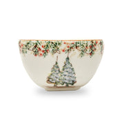 Arte Italica & Crown Linen Designs Natale Small Square Bowl, featuring hand-painted festive foliage and snow-dusted trees, perfect for winter celebrations.