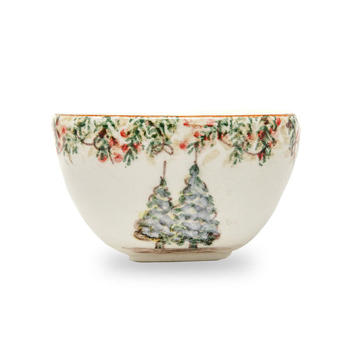 Arte Italica & Crown Linen Designs Natale Small Square Bowl, featuring hand-painted festive foliage and snow-dusted trees, perfect for winter celebrations.