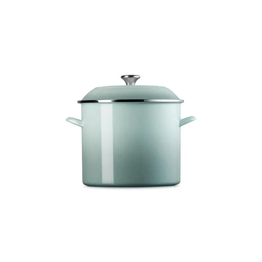 Le Creuset | Enamel on Steel Stockpot, 16 QT, Sea Salt with tall sides, side handles, and a lid with a metal knob, perfect for large batch cooking.