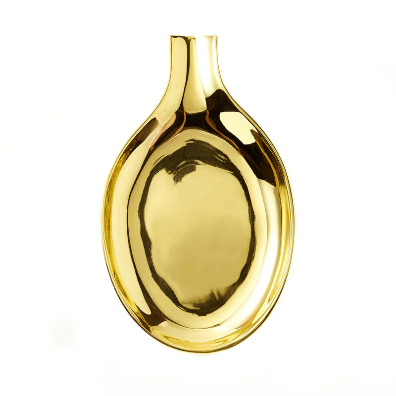 Sir|Madam Brass Spoon Rest, Large; a small, reflective gold-tone decorative vase with a narrow neck, ideal for enhancing kitchen aesthetics at Athens Cooks.