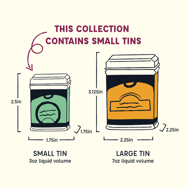 Comparison sketch of Spicewalla | Grill & Roast Gift Collections, showing dimensions and capacities of Small (3 fl oz) and Large (7 fl oz) tins.