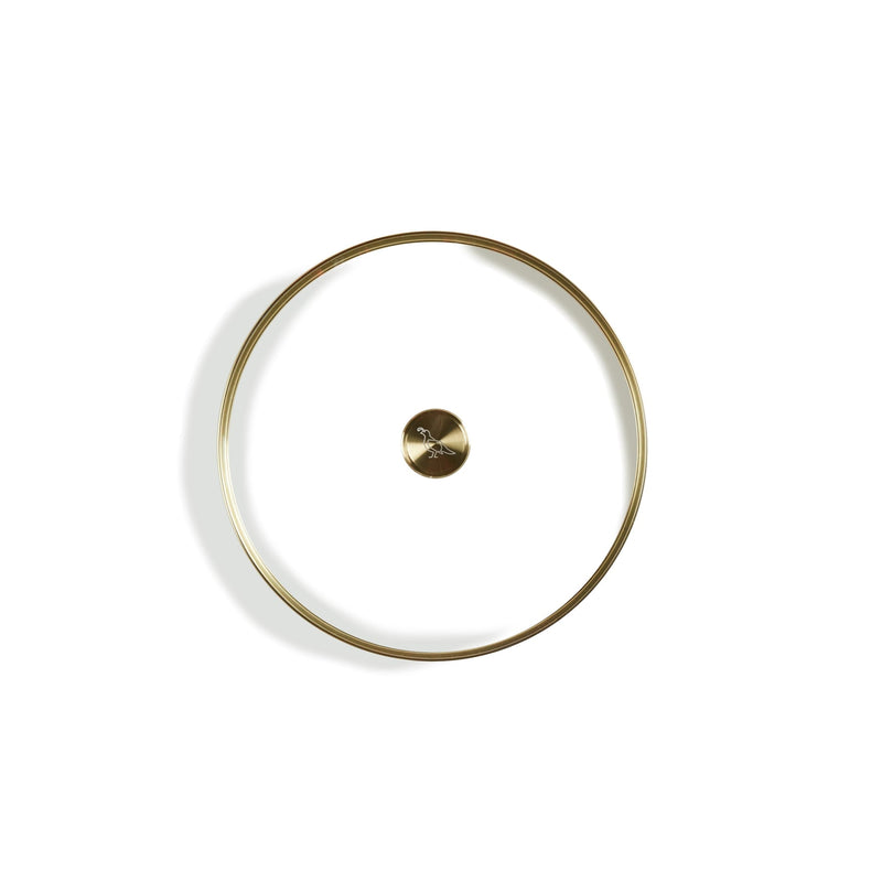 Smithey | Glass Lids feature a circular design with a central circle and a gold circle with a bird drawing, ideal for stylish kitchen use.