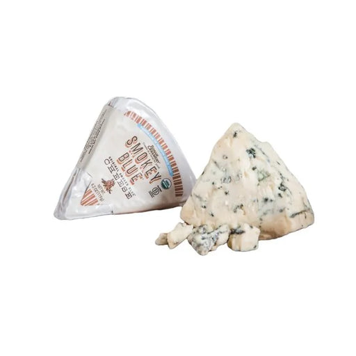 Rogue Creamery's Organic Smokey Blue Wedges shown in branded packaging and crumbled format. A premium, smoked blue-veined cheese crafted from organic cow's milk.