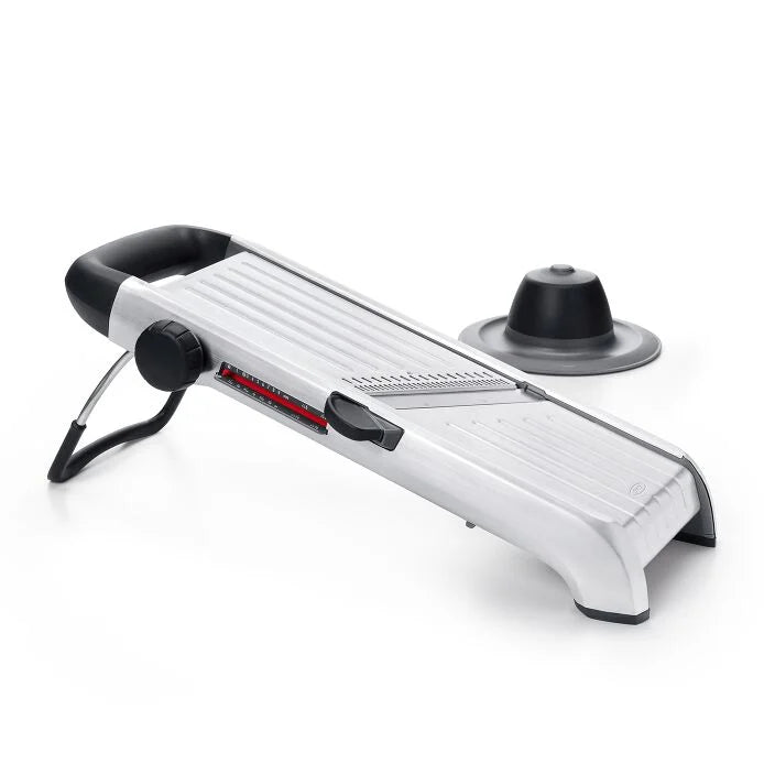 OXO | Chef's Steel Mandoline, a sleek stainless steel slicer with adjustable blade settings for precision cuts, perfect for any kitchen.