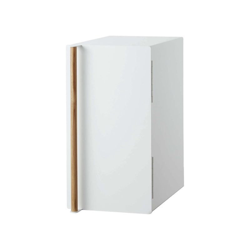 Yamazaki Home Bread Box, Vertical, Steel + Wood: Minimalist white cabinet with wooden handle, ideal for keeping bread fresh and organized in modern kitchens.