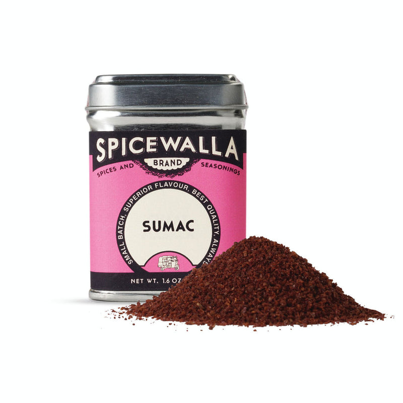 Spicewalla | Sumac tin with coarsely ground spice, highlighting its tart flavor. Ideal for enhancing dishes, available at Athens Cooks, a specialty kitchen store.