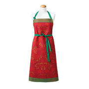 Le Jacquard Francais | Féerie Apron, Red features festive motifs with green trim and pocket, perfect for adding holiday cheer to any kitchen setting.