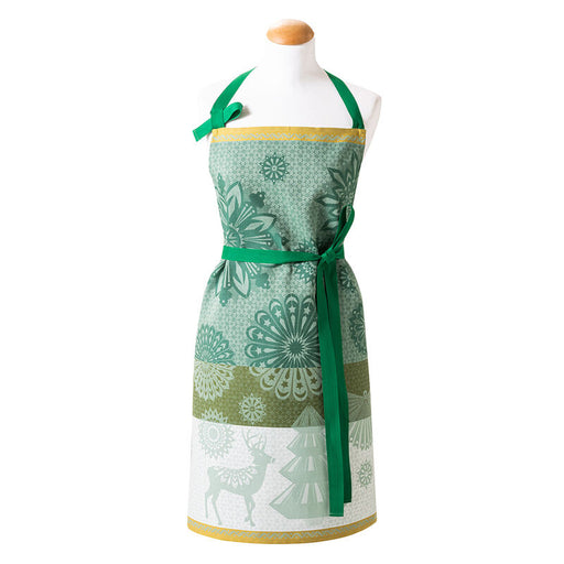 Le Jacquard Français | Lumiere D'Etoiles Apron on a dress form, featuring mint-green, olive, and white bands with winter motifs, crafted from high-quality cotton.