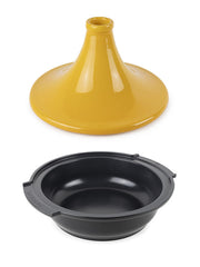 Peugeot | Appolia Atlas Tagine, Saffron Yellow: A two-piece Moroccan cooking vessel with a yellow cone-shaped lid and black recycled aluminum base for even heat distribution.