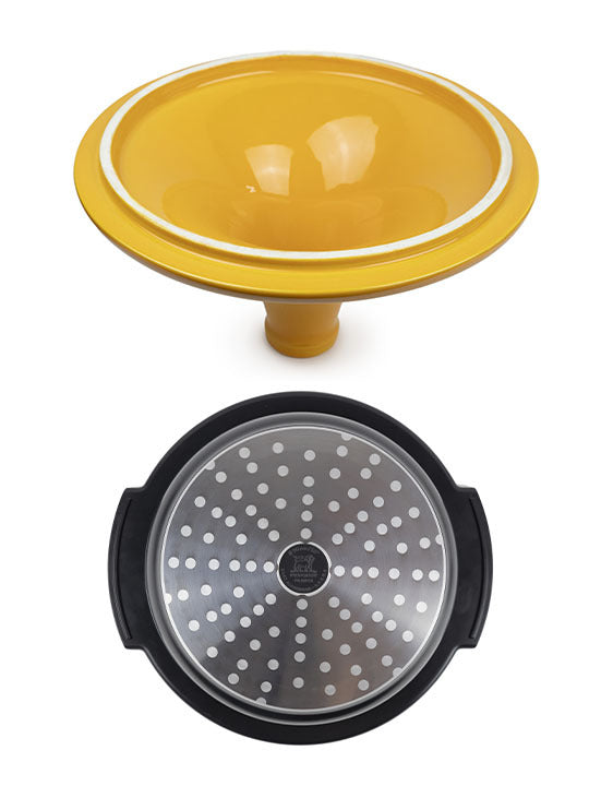 Peugeot | Appolia Atlas Tagine, Saffron Yellow, featuring a wide-mouth funnel and stainless-steel heat diffuser, ideal for versatile and eco-friendly cooking.