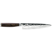 Shun | Premier Utility 6.5 Walnut knife with hammered blade and Damascus pattern, featuring a D-shaped PakkaWood handle, ideal for precision kitchen tasks.