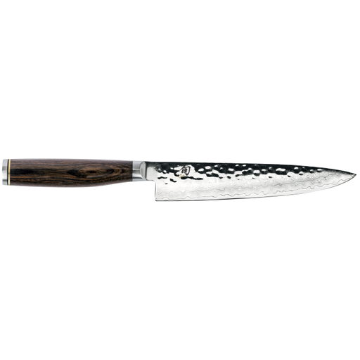 Shun | Premier Utility 6.5 Walnut knife with hammered blade and Damascus pattern, featuring a D-shaped PakkaWood handle, ideal for precision kitchen tasks.