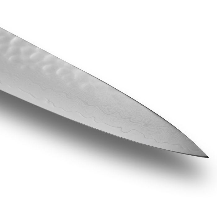 Shun | Premier Blonde Utility, 6.5 knife tip showcasing Damascus pattern and tsuchime finish, ideal for precise kitchen tasks.