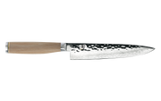 Shun Premier Gyuto knife with octagonal wooden handle, Damascus-patterned blade, and tsuchime finish, ideal for versatile kitchen tasks, from Athens Cooks.