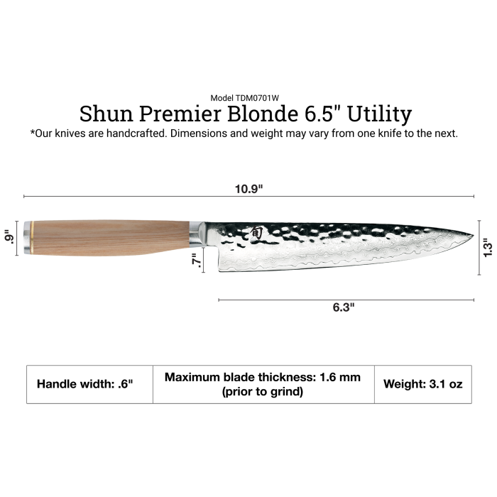 Shun | Premier Blonde Utility Knife, 6.5: Japanese-style petty knife with hammered Damascus blade, D-shaped wooden handle, and kanji stamp near bolster.