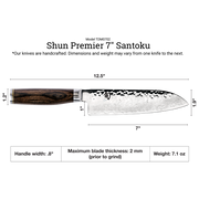 Shun | Premier Santoku Walnut, 7 knife featuring a Damascus-patterned blade with tsuchime finish and a Pakkawood handle, ideal for versatile kitchen tasks.